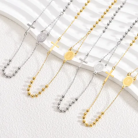 304 Roestvrij Staal Rozenkrans Ketting Voor Heren Dames Religieus Kruis Maagd Maria Hanger Katholieke Kogelketting Sieraden