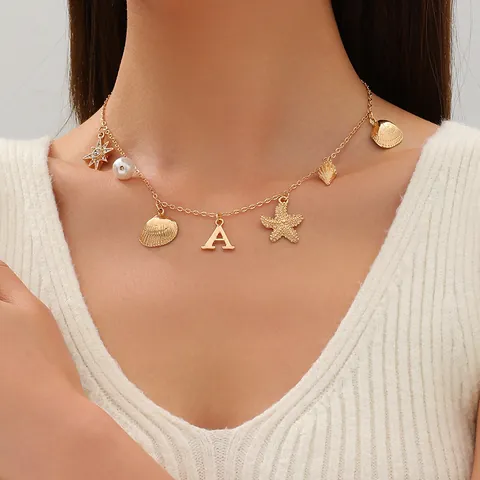 Ocean Theme Alloy Rhinestone Artificial Pearl Pendant Necklace Gold Plated Shell Starfish Letter A Charm Women Jewelry