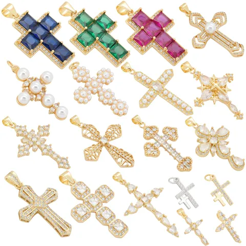 Colgante de Cruz de Cobre Micro-pavé Circonia Perla Artificial Estilo Europeo Americano Accesorios de Joyería DIY Amuleto Religioso