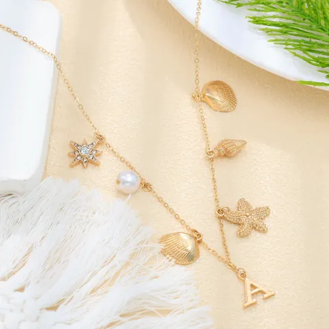 Ocean Theme Alloy Rhinestone Artificial Pearl Pendant Necklace Gold Plated Shell Starfish Letter A Charm Women Jewelry