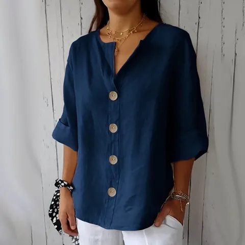 T-Shirt Décontracté pour Femmes Col V Bouton Couleur Unie Ample Manches Courtes Été Basique Respirant