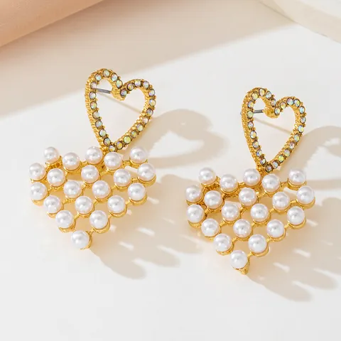 Pendientes de Gota de Corazón de Aleación Vintage Con Perla Artificial Diamantes de Imitación Esmalte Goteo Aceite Joyería Para Mujer