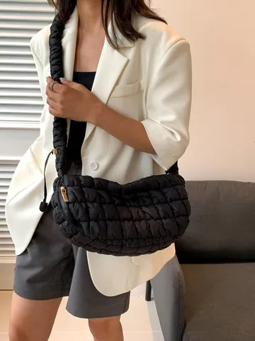 Große Kapazität Damen Gesteppt Puffer Schultertasche Gefaltete Rhombus Nähte Baumwolle Halbmond Hobo Tasche Umhängetasche