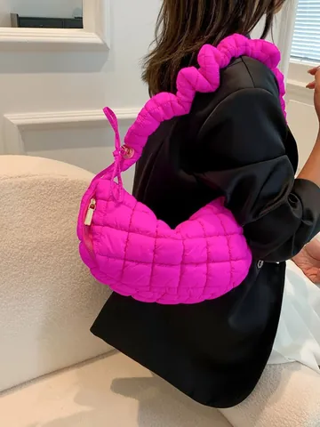 Große Kapazität Damen Gesteppt Puffer Schultertasche Gefaltete Rhombus Nähte Baumwolle Halbmond Hobo Tasche Umhängetasche
