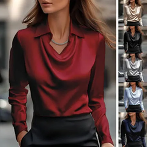 Γυναικεία Σατέν Μπλούζα Cowl Neck Κομψή Μακρυμάνικη Πολυεστερική Μονόχρωμη Πουκάμισο Γραφείου Μαλακό Μεταξένιο Ένδυμα