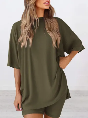 Damen Oversize Loungewear Set Rippstrick Kurzarm Top Und Radlerhose Zwei Teile Einfarbig Casual Home Sportbekleidung
