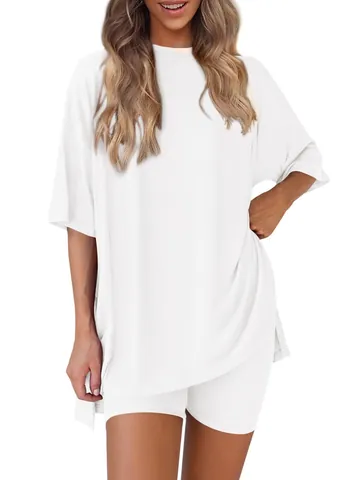 Damen Oversize Loungewear Set Rippstrick Kurzarm Top Und Radlerhose Zwei Teile Einfarbig Casual Home Sportbekleidung
