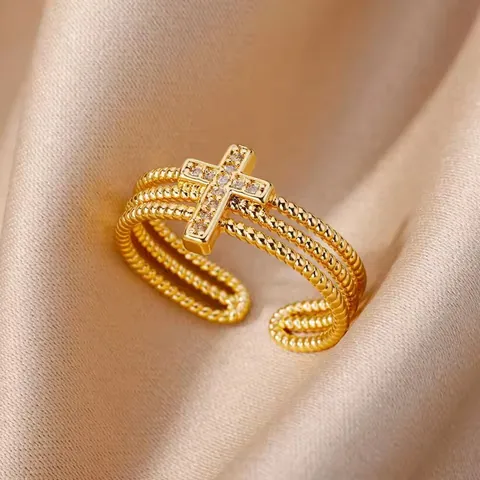 Mikropavé Zirkonia Kreuz Offener Ring Für Damen Dreischichtiges Perlen Kupfer Verstellbarer Fingerring Minimalistischer Schmuck Geschenk