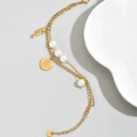 Damen Lagen-Armband Edelstahl Vergoldet Mit Künstliche Perle Jakobsmuschel Seepferdchen Anhänger Verstellbar Mode Schmuck