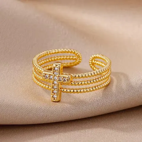 Mikropavé Zirkonia Kreuz Offener Ring Für Damen Dreischichtiges Perlen Kupfer Verstellbarer Fingerring Minimalistischer Schmuck Geschenk