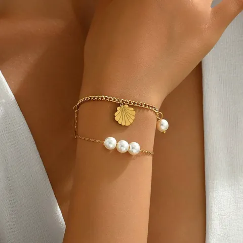 Damen Lagen-Armband Edelstahl Vergoldet Mit Künstliche Perle Jakobsmuschel Seepferdchen Anhänger Verstellbar Mode Schmuck