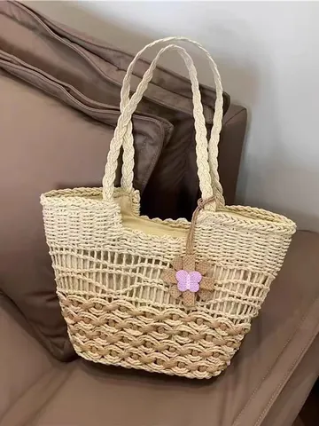 Women Large Capacity Paper Rope Woven Tote Bag Summer Beach Vacation Shoulder Bag Handmade Bohemian Style Handbag With Flower Charm