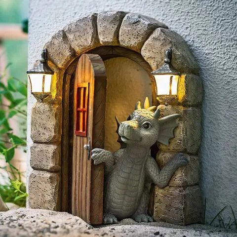 Fantasy Garden Dinosaur Statue Resin Dragon Reading Book Opening Window Door Figurine Outdoor Yard Lawn Decor Resin Ornament