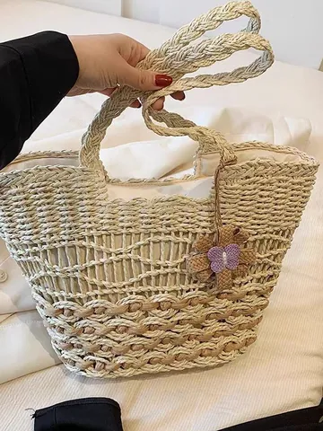 Women Large Capacity Paper Rope Woven Tote Bag Summer Beach Vacation Shoulder Bag Handmade Bohemian Style Handbag With Flower Charm