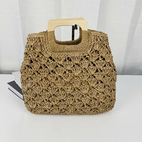 Women Large Capacity Hand Woven Paper Straw Tote Bag With Square Wooden Handle Vintage Summer Beach Handbag Bohemian Travel Shoulder Bag