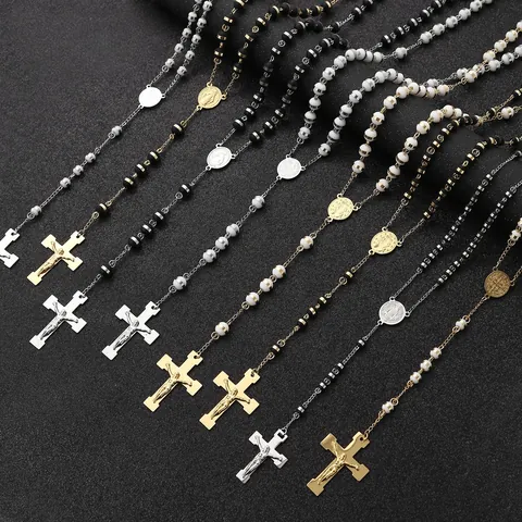 Collar de Rosario Religioso de Acero Inoxidable para Hombres Mujeres Colgante de Cruz Medalla Virgen María Cadena de Bolas Oro Plata Joyería de Moda Regalo