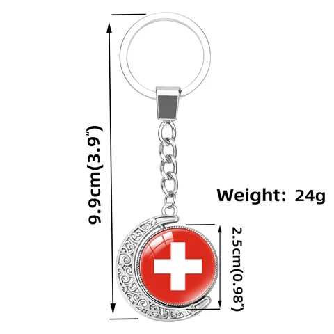 Dubbelzijdig Roterende Nationale Vlag Halve Maan Sleutelhanger Zilver Legering Glas Cabochon Wereldkaart Sleutelring Cadeau