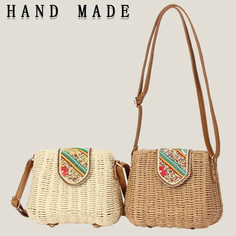 Women Hand Woven Paper Rope Crossbody Bag Colorful Beaded Flap Summer Vacation Small Bohemian Shoulder Bag Simple Style Handbag