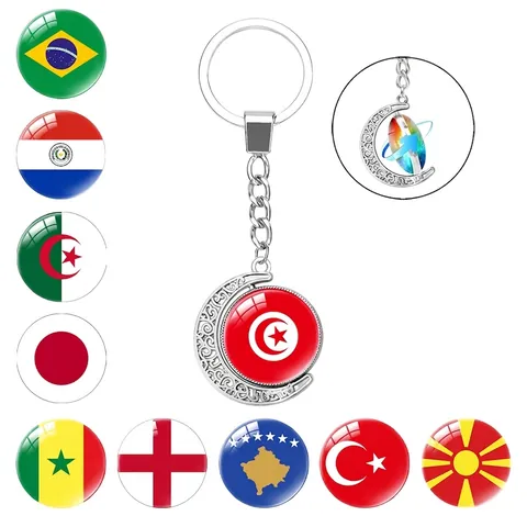 Dubbelzijdig Roterende Nationale Vlag Halve Maan Sleutelhanger Zilver Legering Glas Cabochon Wereldkaart Sleutelring Cadeau
