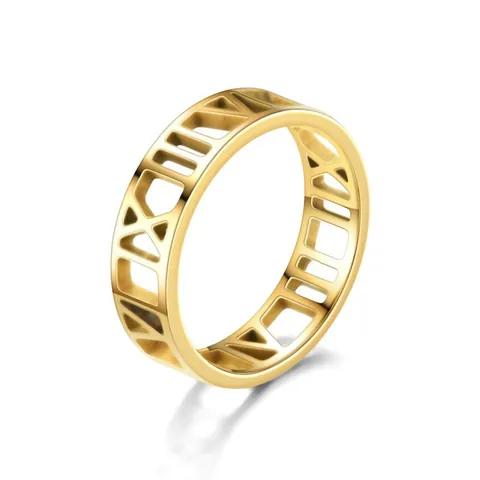 Bague Classique Chiffres Romains Ajourée en Acier Inoxydable Poli Électroplaqué Anneau pour Hommes Femmes Bijoux Tendance