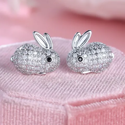 Cute Fashion Copper Rhinestone Rabbit Stud Earrings For Children Girls Japanese Style Full Diamond Animal Shaped Jewelry Accessory