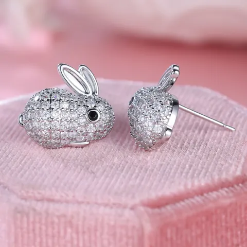 Cute Fashion Copper Rhinestone Rabbit Stud Earrings For Children Girls Japanese Style Full Diamond Animal Shaped Jewelry Accessory
