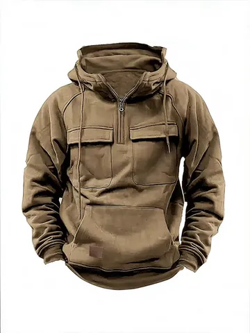 Men's Workwear Fleece Hoodie Heavyweight Quarter Zip Jacket Solid Color Loose Fit Casual Sweatshirt With Pockets Autumn Winter Top