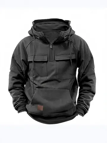 Men Utility Hooded Sweatshirt Solid Color Half-Zip Pullover Multi-Pocket Cotton Blend Top Outdoor Casual Cargo Hoodie