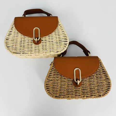 Borsa Di Paglia Da Donna Piccola A Blocchi Di Colore Streetwear Con Chiusura A Quadrato
