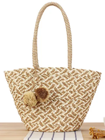 Dames Grote Capaciteit Papieren Touw Geweven Tote Tas Casual Vakantie Zomer Schoudertas Met Pompons Grid Patroon Handtas