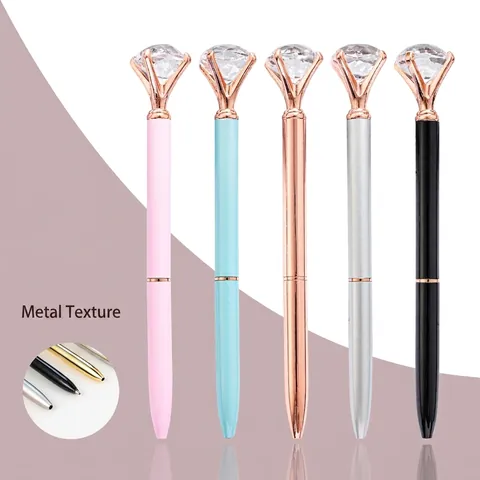 Luxe Metalen Balpen Met Grote Strass Diamant Roterend Kantoor School Student Cadeau Schrijfpen Kogelpunt