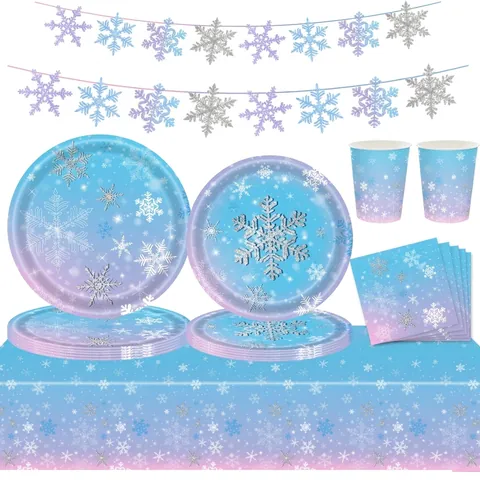 Eisblau Schneeflocke Einweggeschirr Pappteller Becher Servietten Tischdecke Banner Lila Verlauf Winter Party Dekoration