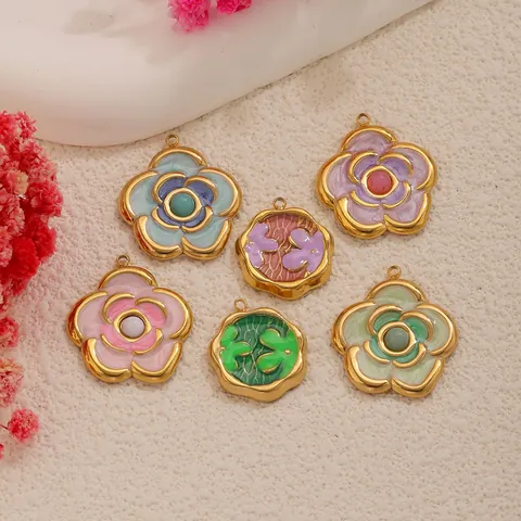 Ciondolo a Forma di Fiore di Camelia in Acciaio Inossidabile Stile Nazionale Smalto Goccia d'Olio per Fai da Te Collana Bracciale
