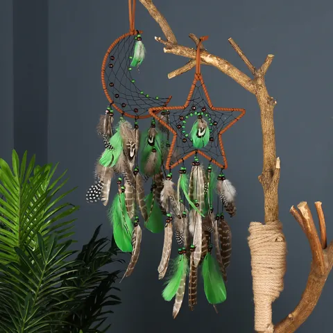 Boho Wald Stil Traumfänger Wandbehang Stern Mond Rund Eisenring Feder Anhänger Schlafzimmer Home Dekor Ornamente