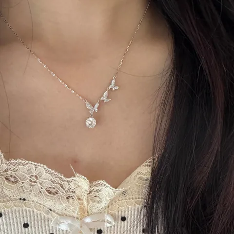 925 Sterling Silver Butterfly Pendant Necklace For Women Moissanite Zirconia Inlaid Adjustable Clavicle Chain Jewelry
