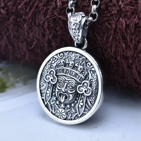 S925 Plata De Ley Zaki Lhamo Diosa De La Riqueza Colgante Collar Vintage Oxidado Redondo Relieve Étnico Joyería Colgante Solo