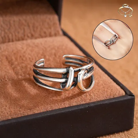 Anillo Abierto Envolvente Nudo de Plata de Ley 925 Vintage para Hombre Mujer Minimalista Ajustable Envejecido Joyería Regalo