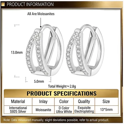 925 Sterling Silver Double Layer V-Shaped Moissanite Stud Earrings D Color Minimalist Geometric Fashion Jewelry For Women