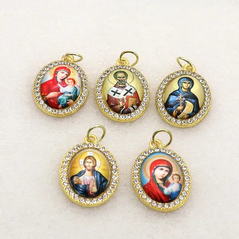 Vintage Alloy Oval Religious Pendant Only Without Chain Virgin Mary Jesus Saint Icon Micro Pave Rhinestone Charm For Jewelry Making