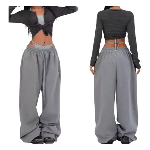 Pantalones de Chándal de Hip-hop Americanos de Pierna Ancha Sueltos para Mujer de Poliéster Color Sólido Cordón Pantalones Rectos Casuales Ropa de Calle