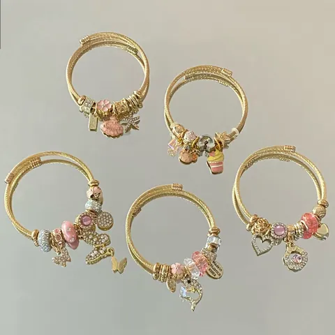 Adjustable Stainless Steel Charm Bracelet For Women Gold Color Pink Rhinestone Starfish Heart Butterfly Pendant Hand Jewelry