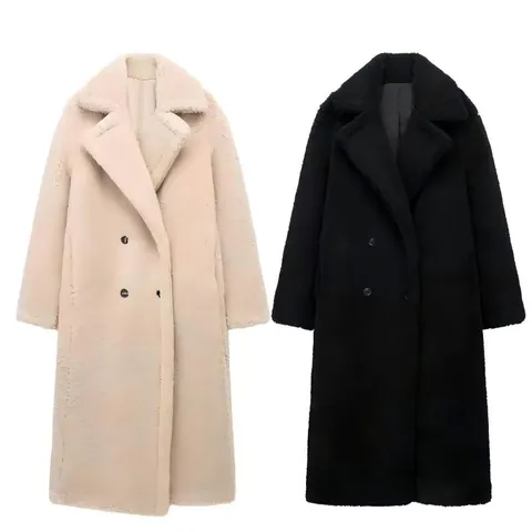 Dames Lange Teddybeer Jas Dikke Warme Imitatiebont Lamswol Jas Oversized Double Breasted Revers Winterjas Bovenkleding