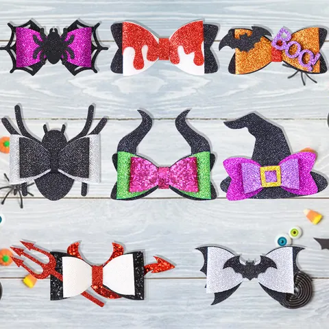 Halloween Glitter Bow Hair Clips Bat Spider Witch Hat Devil Horn Felt Fabric Alloy Hairpin Kids Women Party Accessories