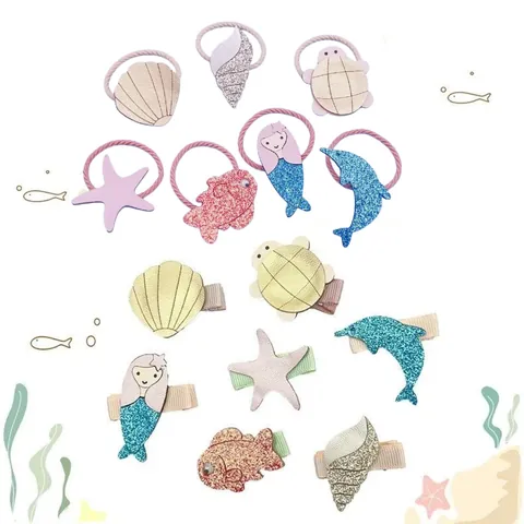 Set di Mollette e Elastici per Capelli a Tema Oceano per Bambine Sirena Conchiglia Stella Marina Glitter Accessori per Capelli