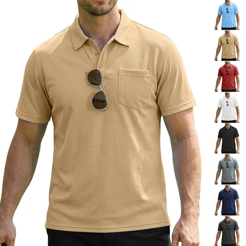 Heren Polo Shirt Korte Mouwen Ademend Mesh Stof Revers Zomer Sport Casual Top Met Zak Effen Kleur