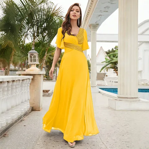Elegant V Neck Sequin Patchwork Chiffon Evening Gown Ruffle Sleeve A Line High Waist Maxi Dress For Women Party Banquet