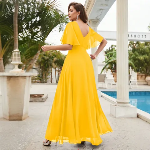 Elegant V Neck Sequin Patchwork Chiffon Evening Gown Ruffle Sleeve A Line High Waist Maxi Dress For Women Party Banquet