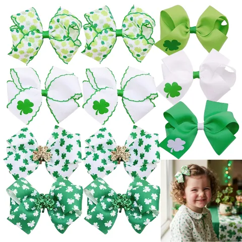 Barrettes à Cheveux Trèfle Saint-Patrick Enfants Nœud Vert Blanc Avec Paillettes Accessoires de Cheveux Festifs pour Filles