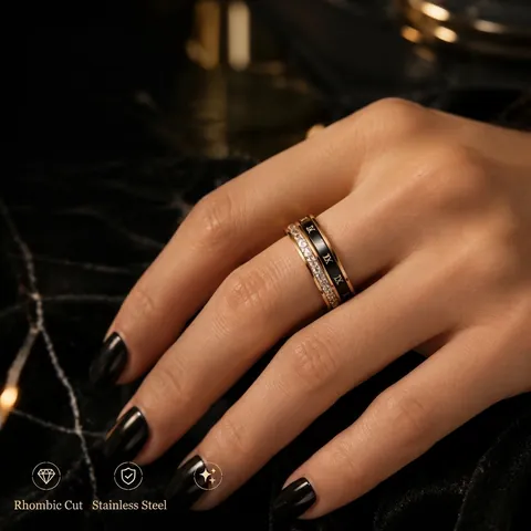 Anillo de Acero de Titanio para Mujer Patrón de Números Romanos Anillo de Acero Inoxidable Galvanizado Con Strass Joyería de Dedo Retro