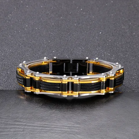 Herren Edelstahl Armband Dreifarbig Gold Silber Schwarz Mechanische Industrielle Kette Punk Rock Schmuck